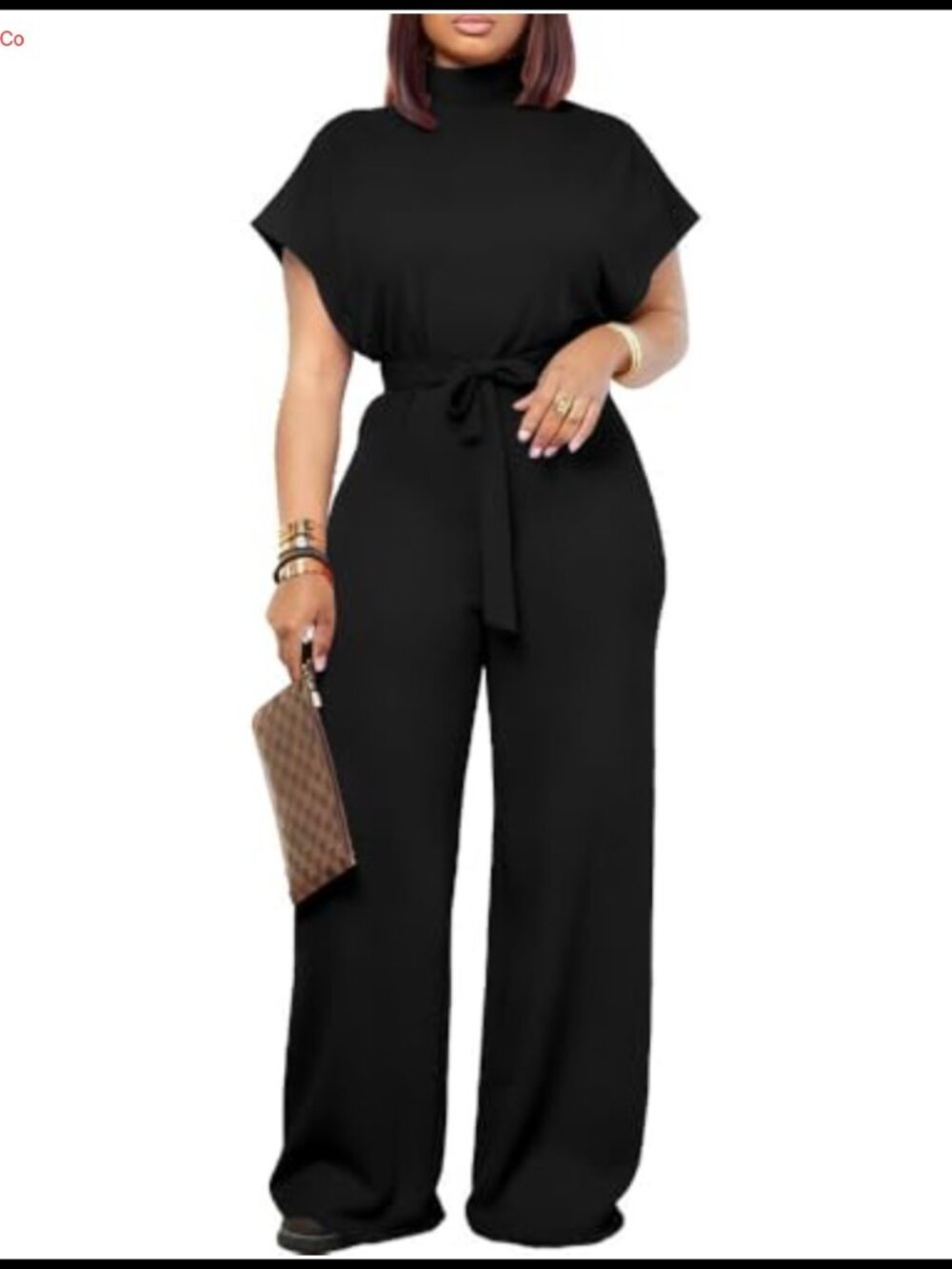 Women's Wide Leg Jumpsuit Mock Neck Short Sleeve Belted One Piece